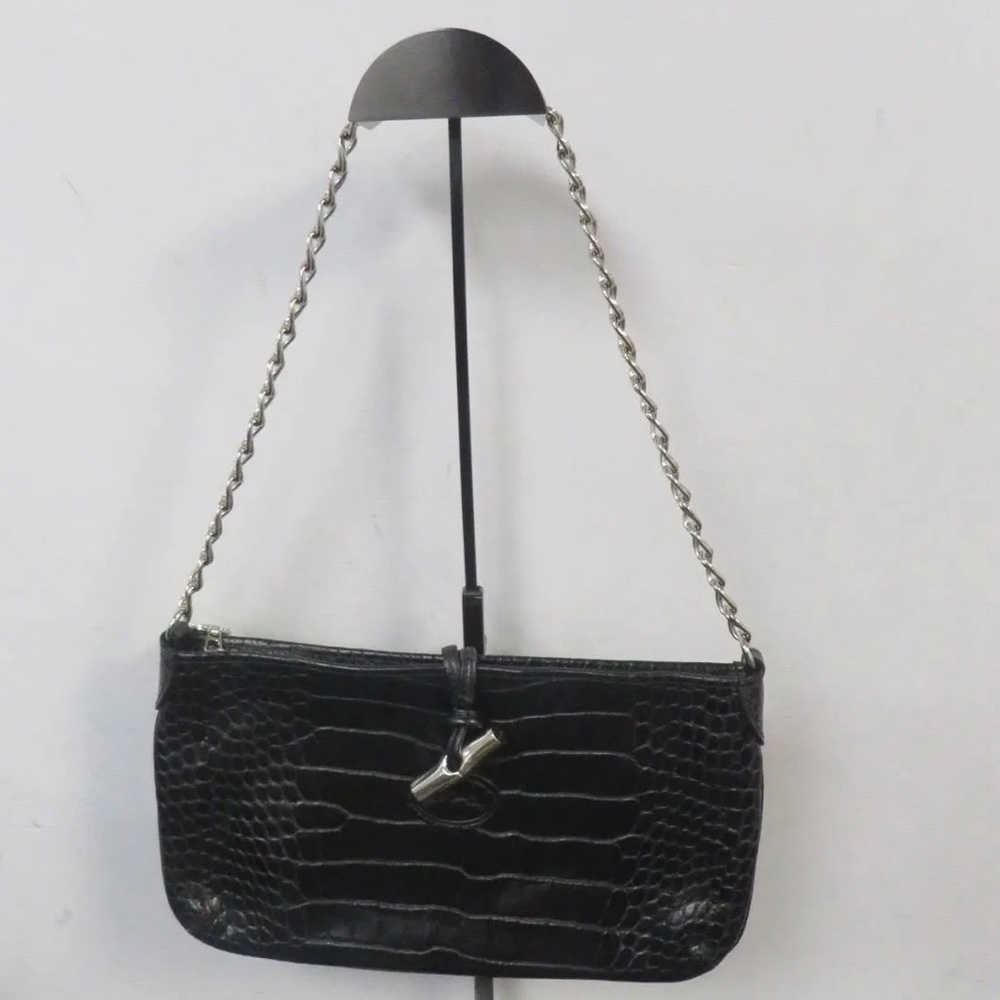 Longchamp  vintage embossed crocodile black leather clutch with silver hardware